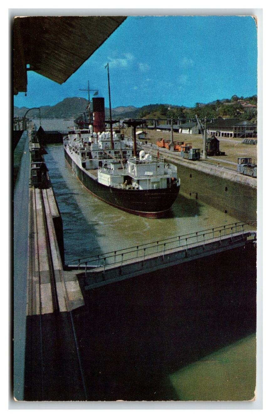 1952 Panama Canal Miraflores Locks Freighter Kodachrome Postcard Cristobal CZ